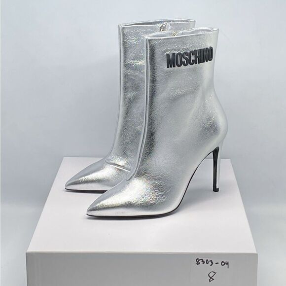 Moschino Logo-Detailed Metallic Leather High-Heel Booties size 38 - Picture 13 of 15